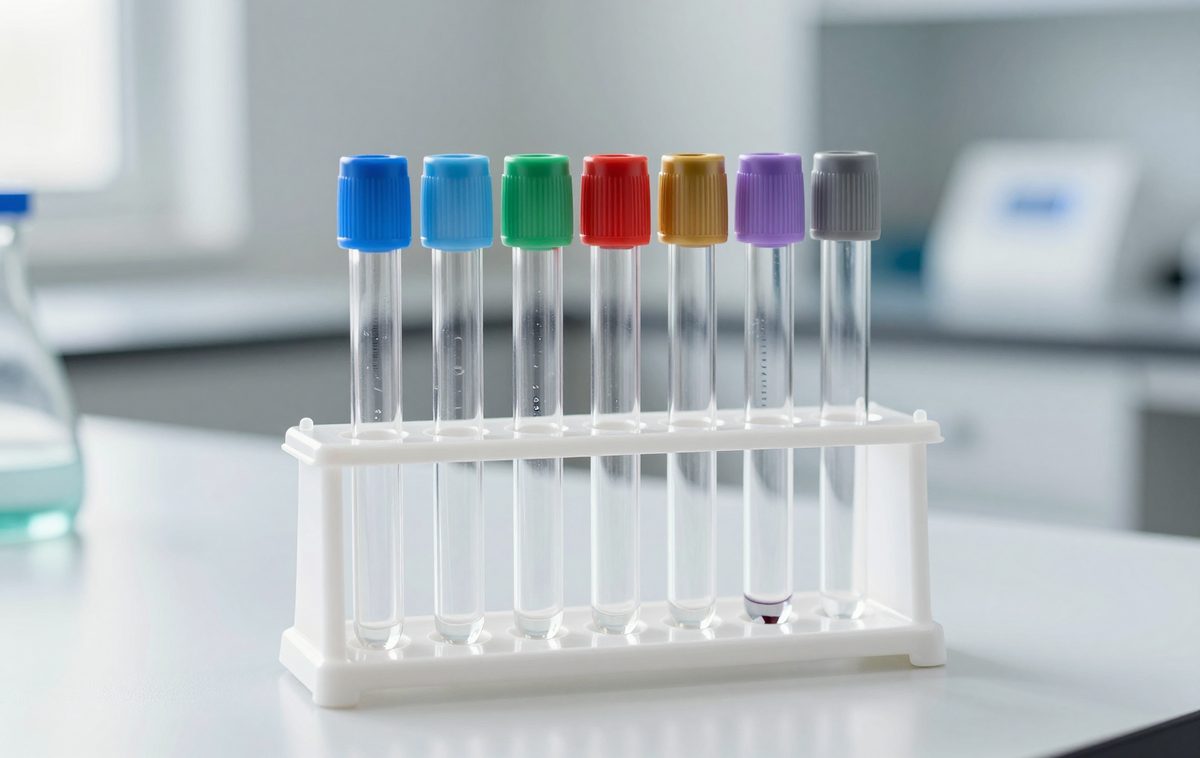 Seven empty vacuum tubes with caps of different colours in a white rack on a laboratory bench