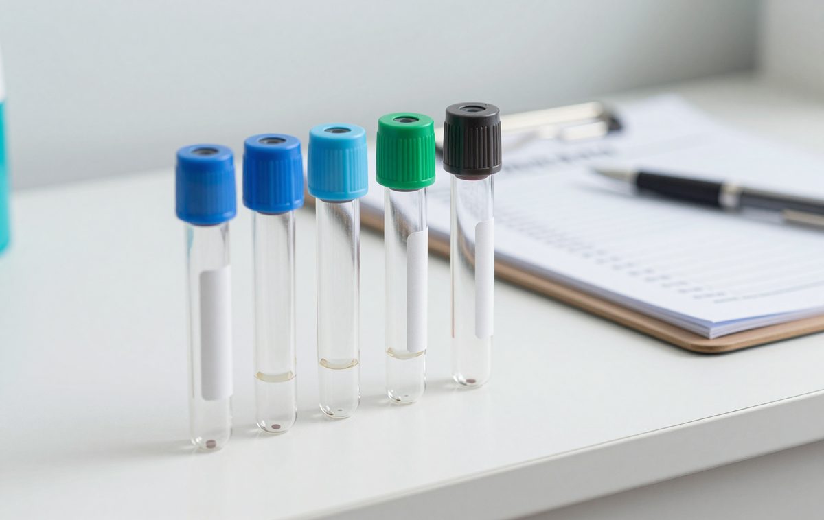 Several PRP tubes with different caps lined up on a white bench next to a checklist