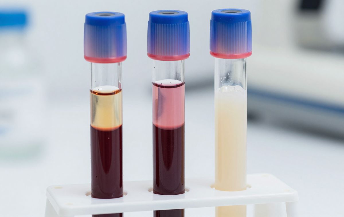 Three tubes after centrifugation in a rack: clear yellow plasma in one, pink plasma in another, cloudy plasma in the third