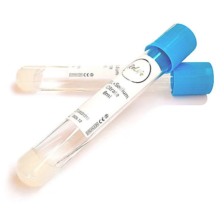 ReLife PRP 8 ml vacuum tubes with blue caps and a label on a white background
